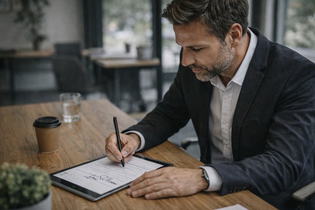 Person signing a contract digitally on a tablet