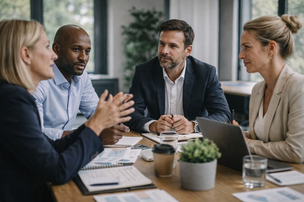 Strategy team in a meeting focused on planning and decisions